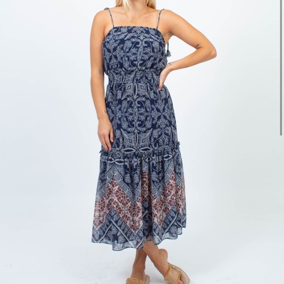 Misa Los Angeles Smocked Midi Dress Navy Multi Print Small NWT Boho Festival - Picture 1 of 5